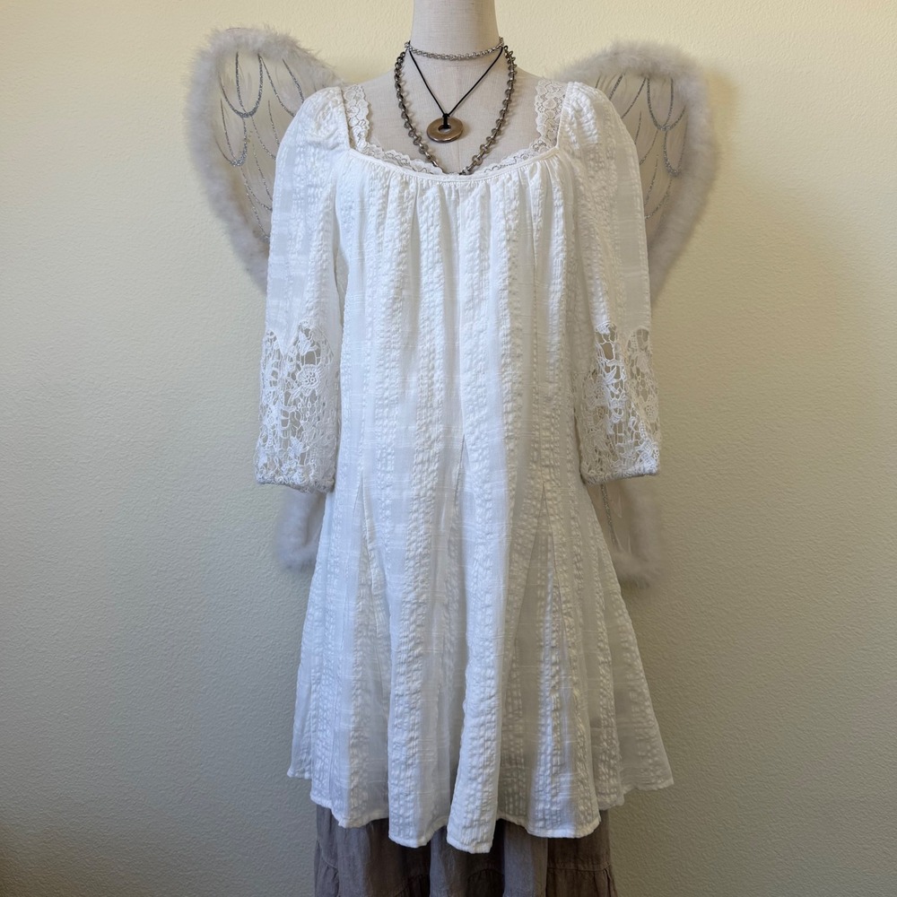 White Gauze Lace Dress Boho Peasant Square Neck Feminine Mori Girl Cottagecore‎